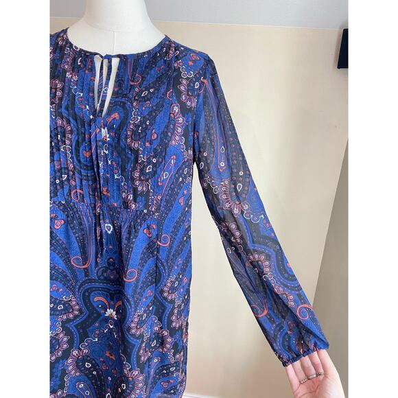 Women's Navy Blue Floral Notched Neck Pleated Longsleeve Mini Shift Dress size 6 - Picture 6 of 8